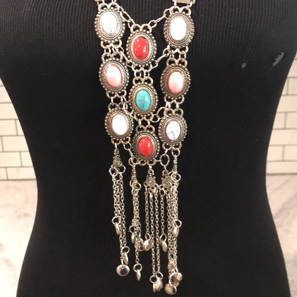 Bohemian Silver Tassel Necklace Maxi Gypsy Ethnic Blue Stone Collar Collier - Picture 4 of 9